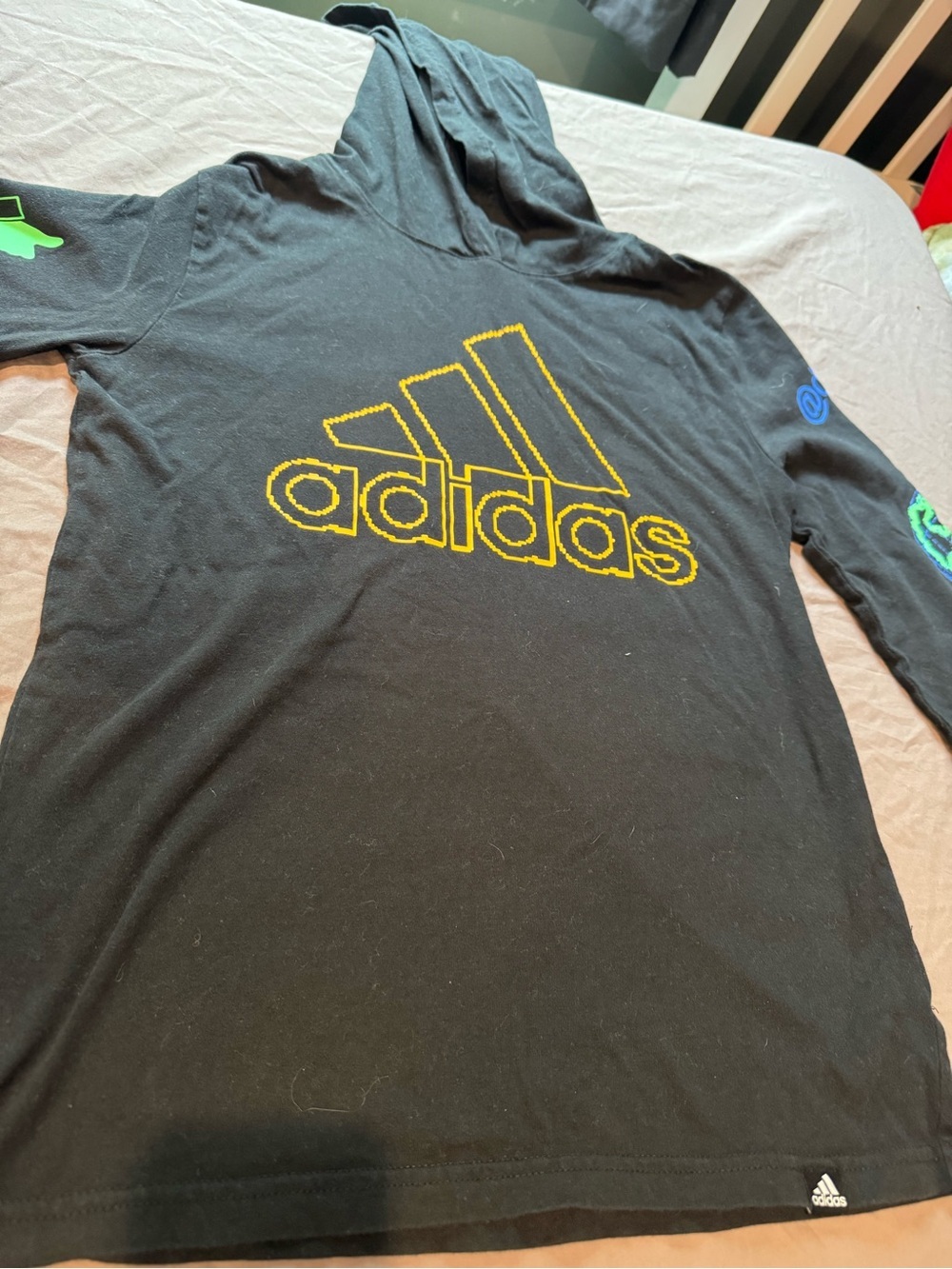 Adidas boys Black Hoodie Shirt with Yellow Logo and graphics on sleeves